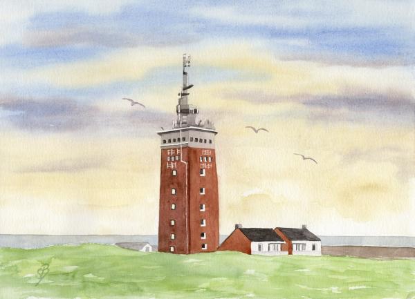 Postkarte DIN-A5  Aquarell Maritim Kunst Druck Kunstdruck Nordsee Insel Helgoland   Leuchtturm Strand Düne